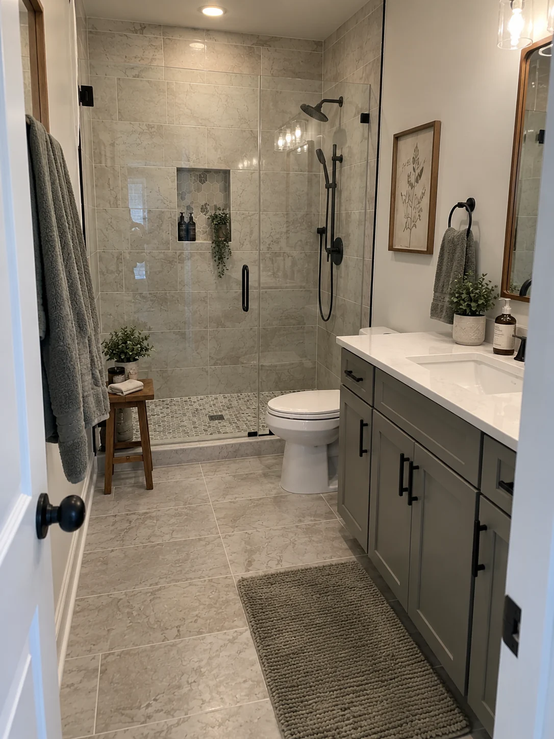 A finished bathroom seen from the doorway: a tiled walk-in shower with a glass door and a mosaic floor, a tiled niche, and large-format floor tile running the length of the room