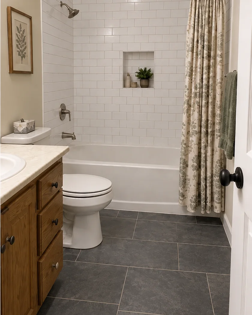 After: white subway tile up the tub walls with a tiled niche, over a slate-look tile floor