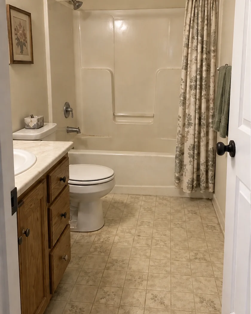 Before: a one-piece tub surround and patterned vinyl sheet flooring
