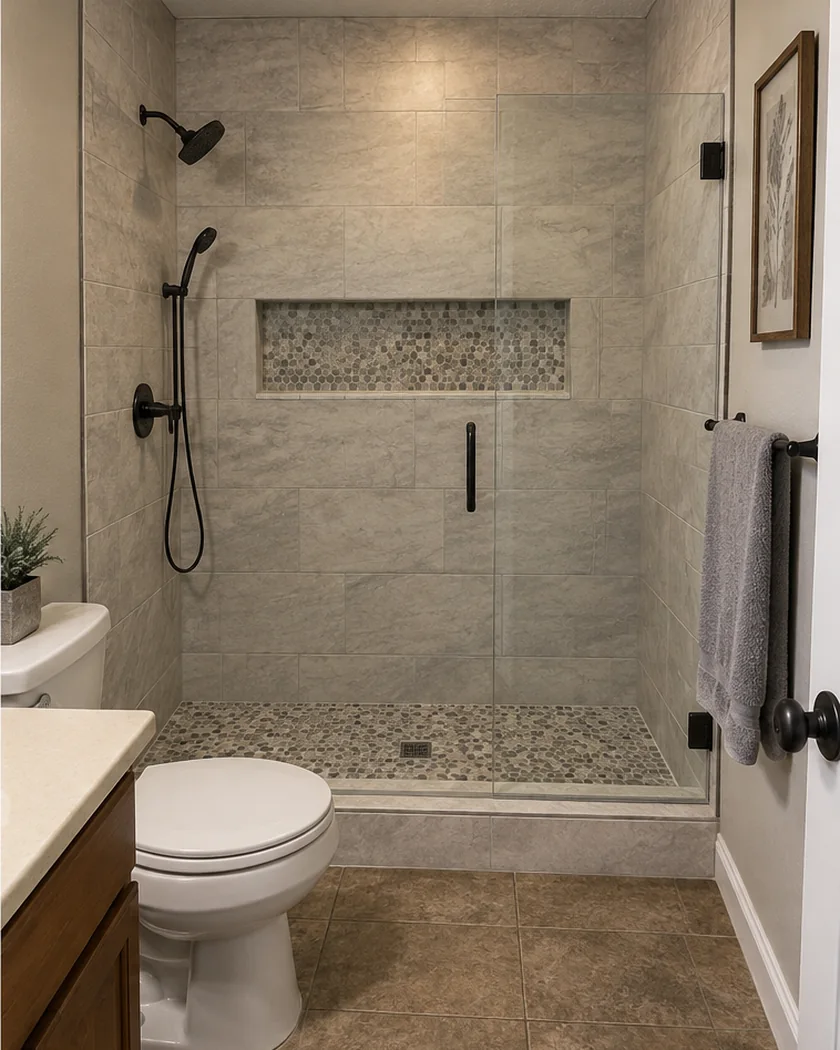 After: a walk-in tile shower with a glass door, a pebble floor and a mosaic niche band