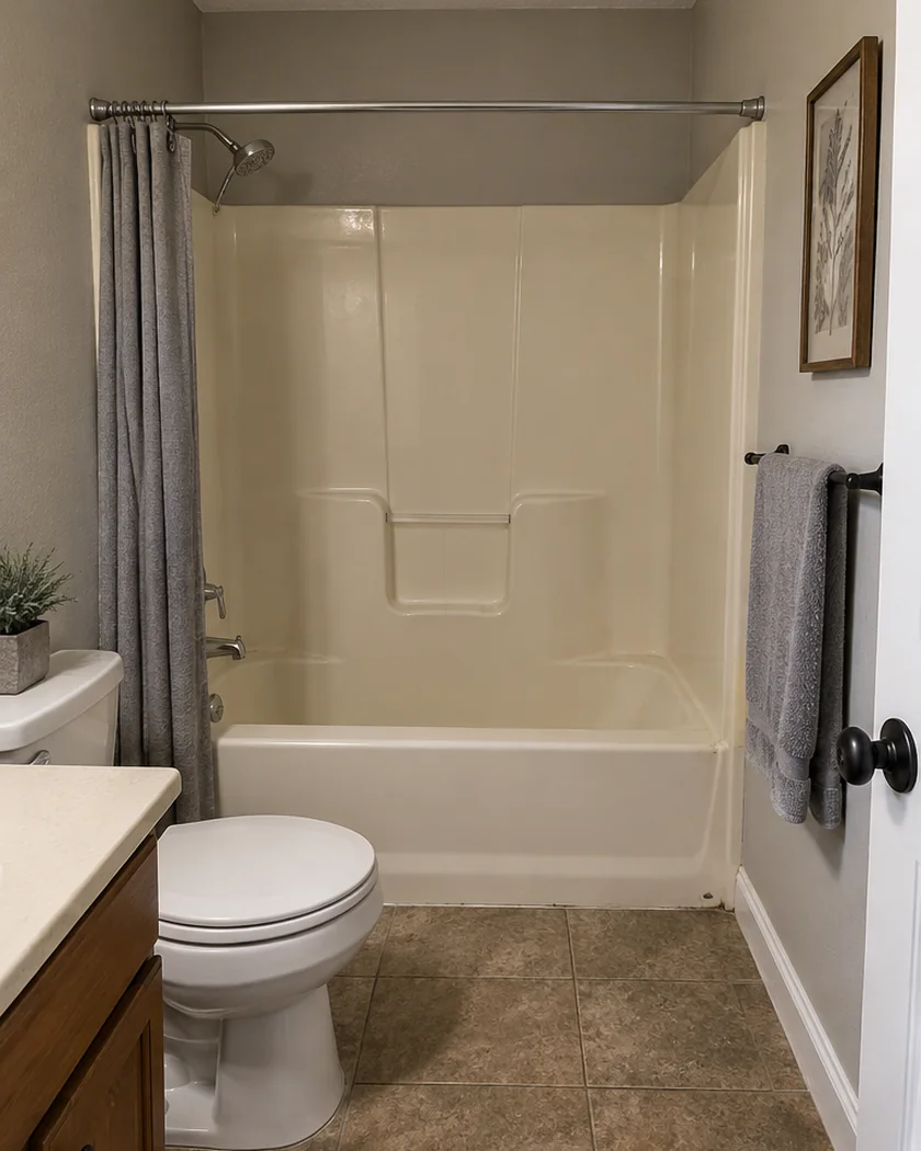 Before: the original fiberglass tub and surround with a curtain rod